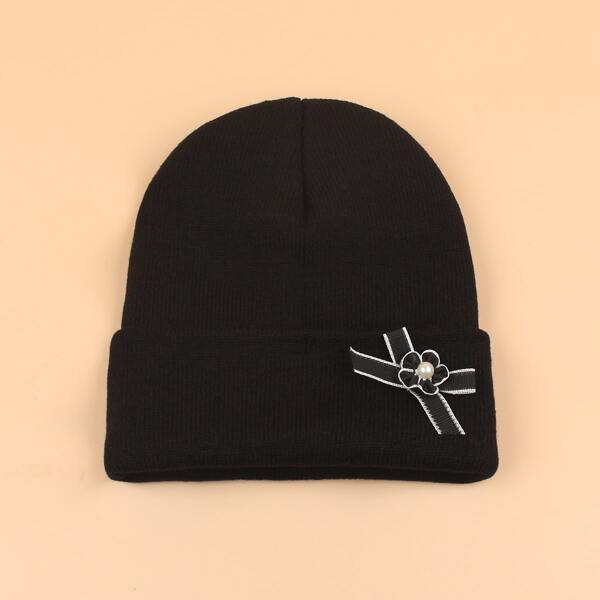 

Flower Decor Cuffed Beanie, Black
