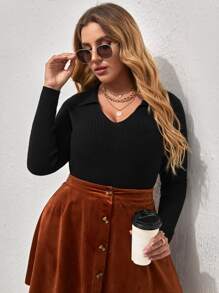 Plus Solid Ribbed Knit Jumper - Black - View 1