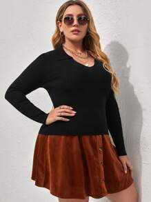 Plus Solid Ribbed Knit Jumper - Black - View 3