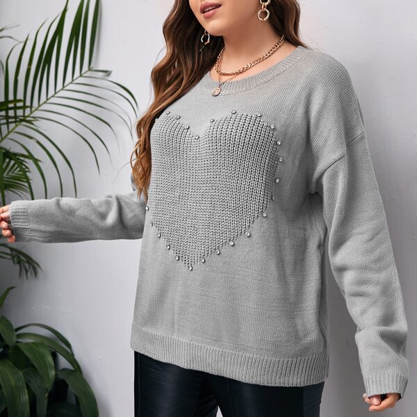 

Plus Rhinestone Heart Pattern Drop Shoulder Sweater, Grey