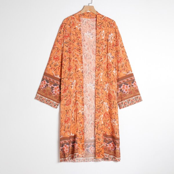 

Floral Print Open Front Kimono, Orange
