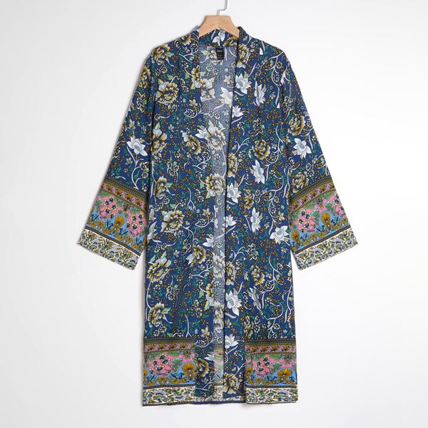 

Floral Print Open Front Kimono, Navy blue