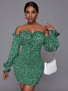 Slaydiva 碎花前打結一字肩打褶緊身連衣裙 - 綠色 - 查看 1