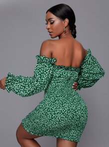 Slaydiva 碎花前打結一字肩打褶緊身連衣裙 - 綠色 - 查看 2