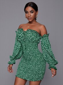 Slaydiva 碎花前打結一字肩打褶緊身連衣裙 - 綠色 - 查看 4