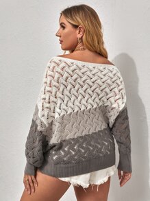 SHEIN Franclia Plus Boat Neck Pointelle Knit Colour Block Dolman Sleeve Jumper - Multicolor - View 2