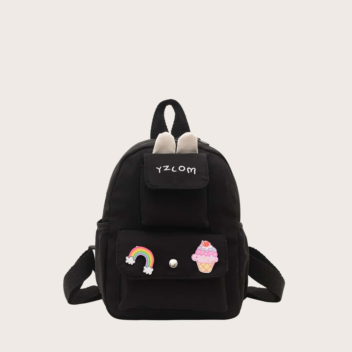 

Pocket Front Backpack With Cartoon Badge, Black