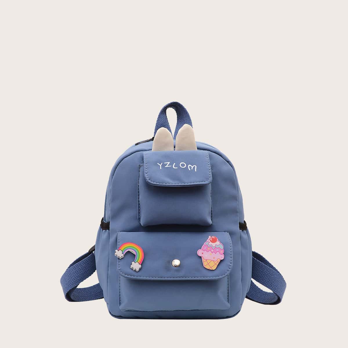 

Pocket Front Backpack With Cartoon Badge, Blue