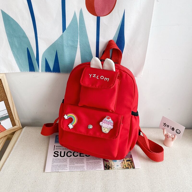 

Pocket Front Backpack With Cartoon Badge, Red
