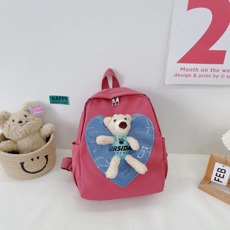 

Heart Design Cartoon Bear Backpack, Hot pink