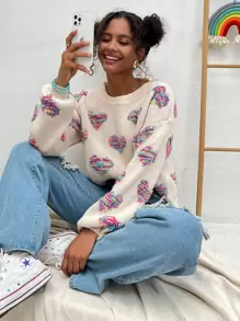 SHEIN Unity Drop Shoulder Heart Pattern Jumper - Apricot - View 4