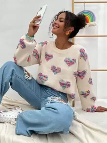 SHEIN Unity Drop Shoulder Heart Pattern Jumper - Apricot - View 6