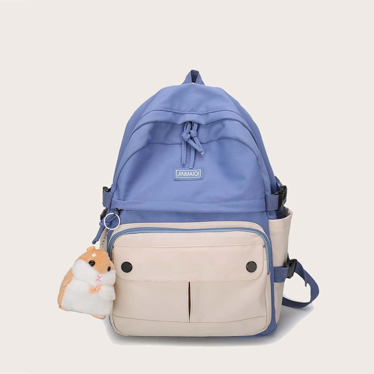 

Colorblock Backpack with Cartoon Charm, Blue