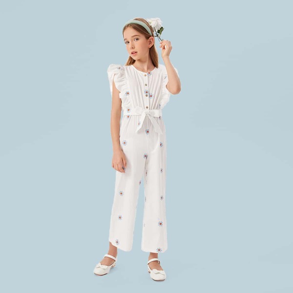 

Girls Floral Print Ruffle Trim Belted Jumpsuit, White