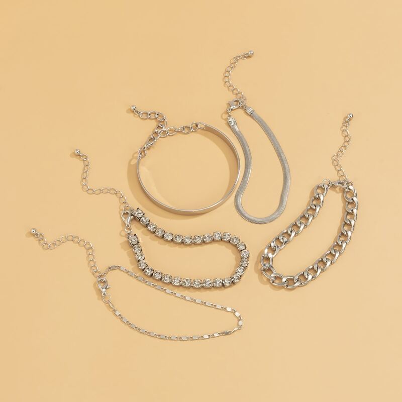 

5pcs Rhinestone Decor Chain Bracelet, Silver