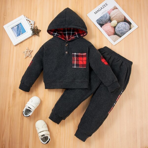 

Toddler Boys Plaid Pocket Hoodie & Sweatpants, Dark grey
