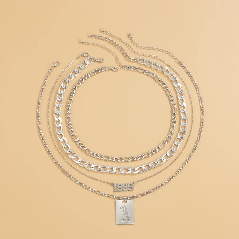 

4pcs Geo Pendant Chain Necklace, Silver