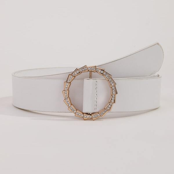 

Rhinestone Round Buckle Belt, White