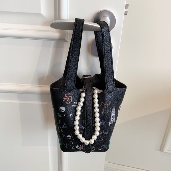 

Graffiti Print Faux Pearl Decor Satchel Bag, Black