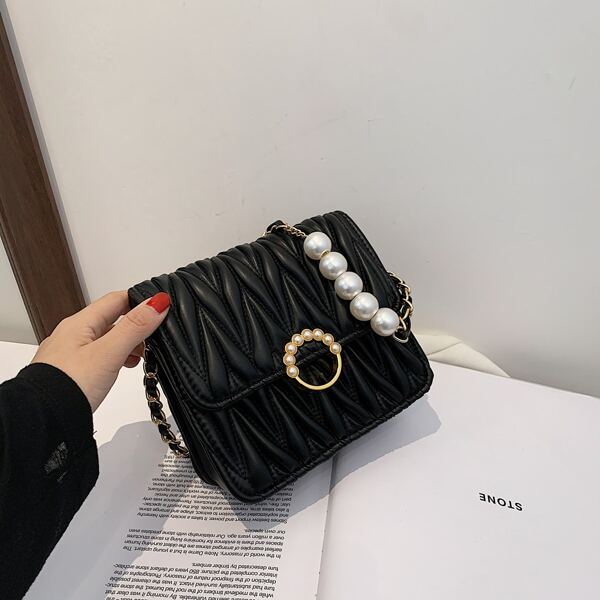 

Faux Pearl Decor Quilted Chain Crossbody Bag, Black