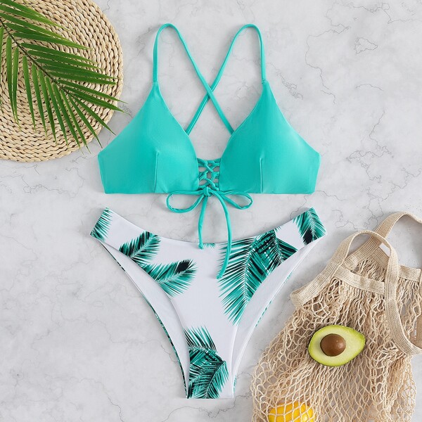 

Tropical Criss Cross Back Bikini Swimsuit, Multicolor