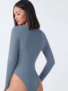 SHEIN BASICS Plunge Neck Solid Fitted Bodysuit - Dusty Blue - View 2
