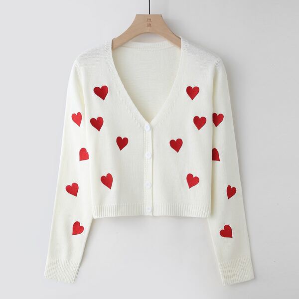 

Heart Embroidery Button Front Cardigan, White
