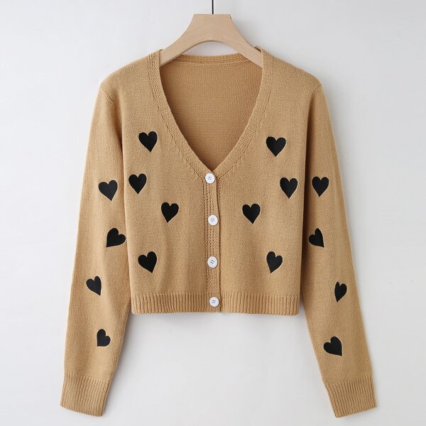 

Heart Embroidery Button Front Cardigan, Khaki