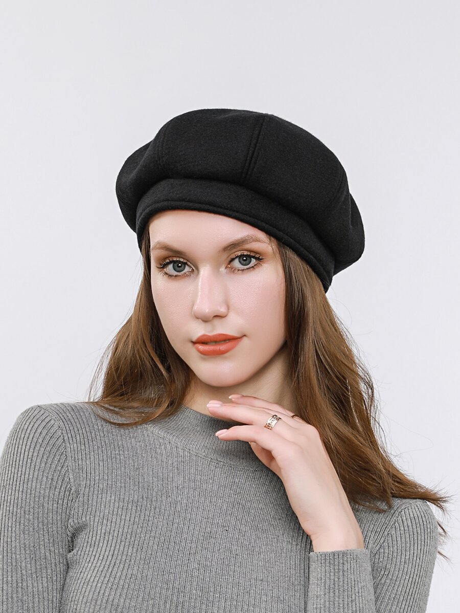簡約風貝雷帽帽子 - 黑色 - 查看 1