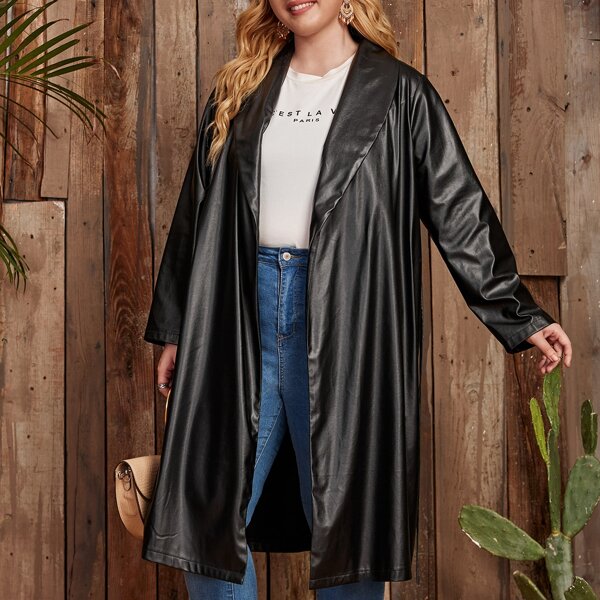 

Plus Shawl Neck Belted PU Leather Coat, Black