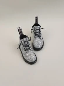 Girls Glitter Decor Lace-up Boots - Silver - View 3