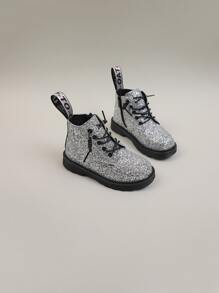 Girls Glitter Decor Lace-up Boots - Silver - View 2