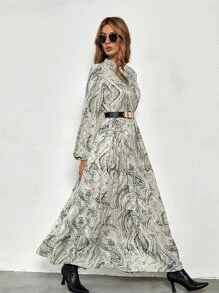 SHEIN LUNE Marble Print Bishop Sleeve Split Thigh Dress Maxi Women Outfit - Multicolor - View 3