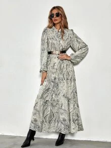 SHEIN LUNE Marble Print Bishop Sleeve Split Thigh Dress Maxi Women Outfit - Multicolor - View 4