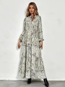 SHEIN LUNE Marble Print Bishop Sleeve Split Thigh Dress Maxi Women Outfit - Multicolor - View 5