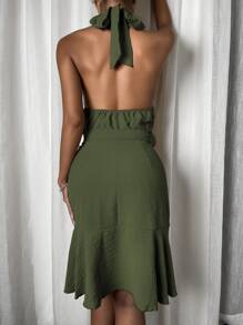 Vestido bajo con fruncido con cinturón de espalda abierta con cordón - Verde - Ver 2