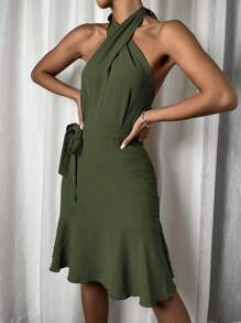 Vestido bajo con fruncido con cinturón de espalda abierta con cordón - Verde - Ver 4