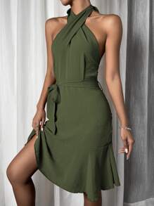 Vestido bajo con fruncido con cinturón de espalda abierta con cordón - Verde - Ver 5