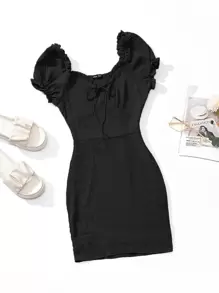 Frill Trim Tie Front Crinkle Dress - Black - View 1