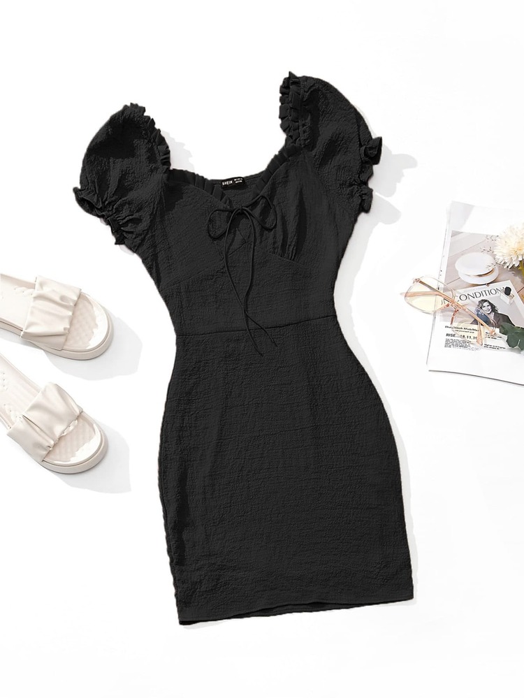 Frill Trim Tie Front Crinkle Dress - Black - View 1