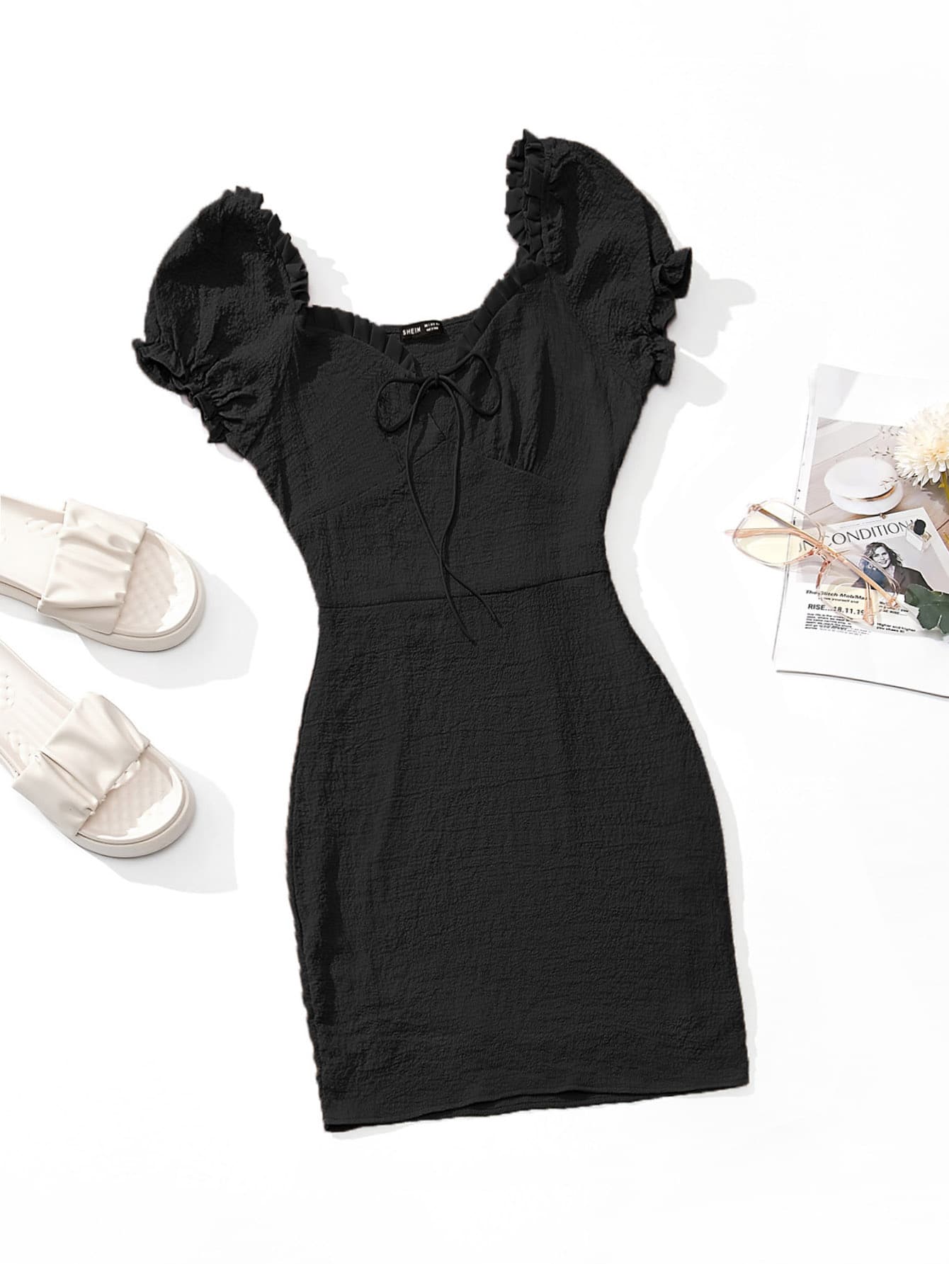 Frill Trim Tie Front Crinkle Dress - Black - View 1