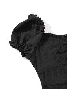 Frill Trim Tie Front Crinkle Dress - Black - View 4