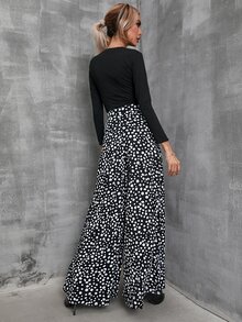 SHEIN LUNE Tartan Wide Leg Pants Without Belt - Black and White - View 2