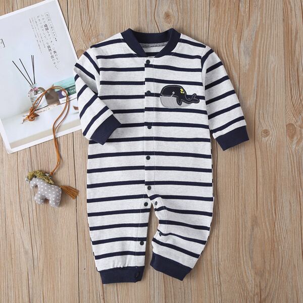 

Baby Whale Embroider Baseball Collar Striped Jumpsuit, White
