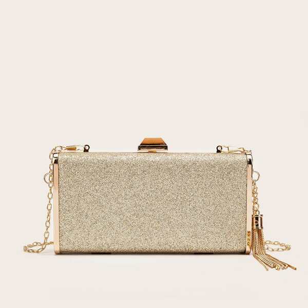 

Tassel Decor Glitter Box Bag, Gold
