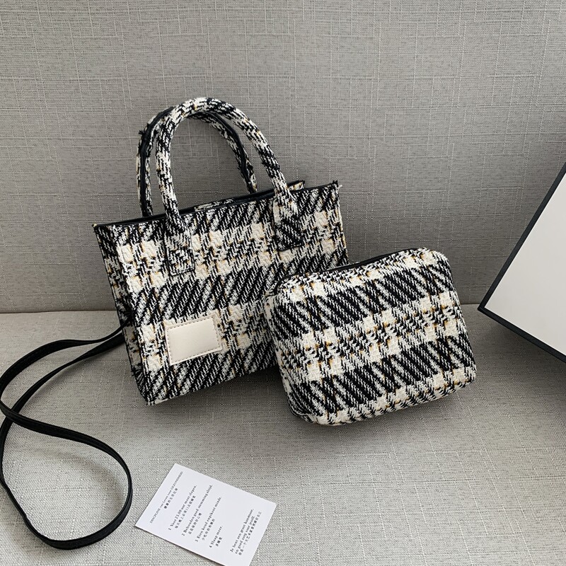 

Plaid Pattern Satchel Bag, Black