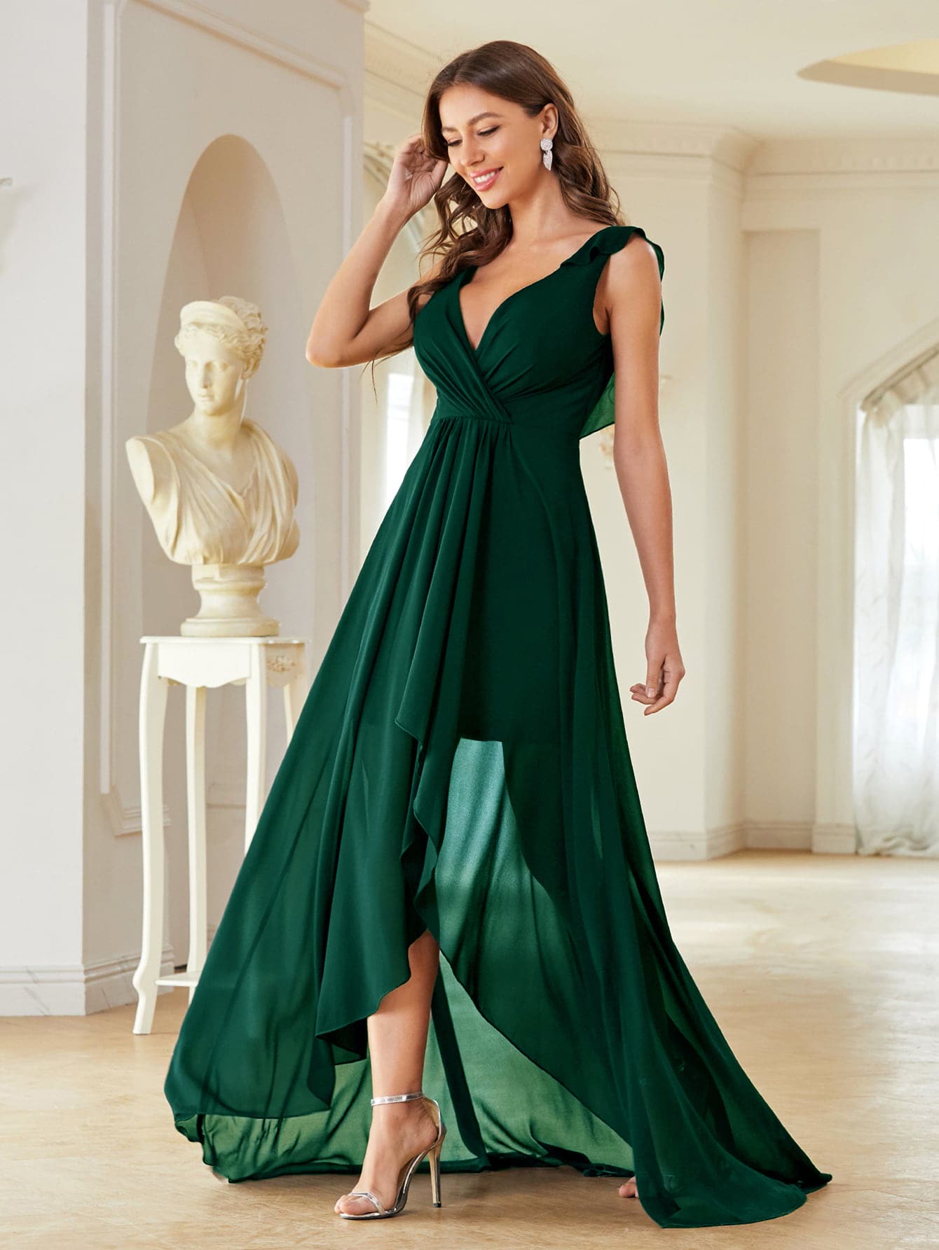 Vestido de dama de honor elegante de gasa con drapeado asimétrico para boda de primavera - Verde Oscuro - Ver 1