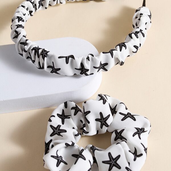 

2pcs Starfish Print Hair Accessory Set, Black and white