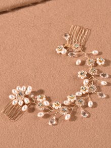 珍珠花朵裝飾婚禮髮夾 - 金色 - 查看 2