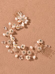 珍珠花朵裝飾婚禮髮夾 - 金色 - 查看 4